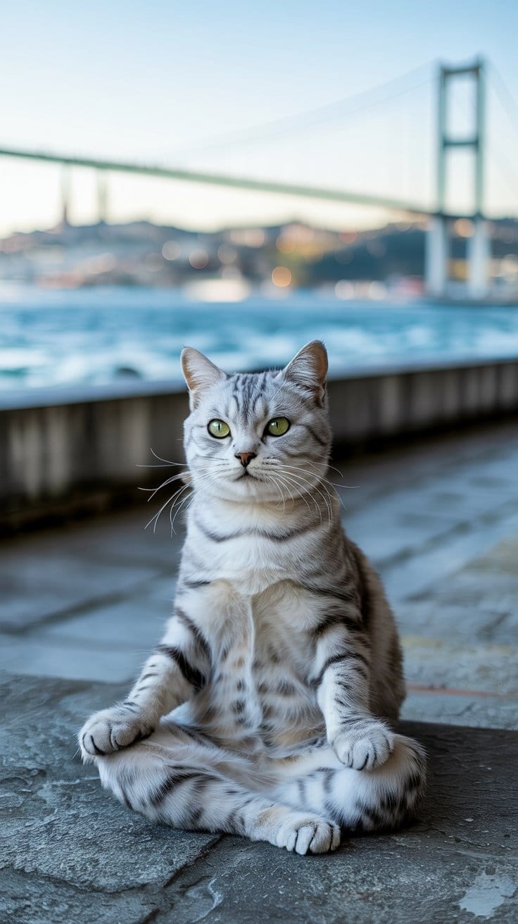 旅する座禅猫・世界ネコ歩き、ボスポラス海峡を見つめる銀の猫：静寂に包まれたイスタンブールの瞬間