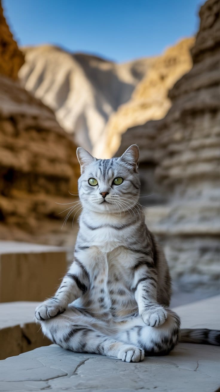 旅する座禅猫・世界ネコ歩き、王家の谷と銀の猫：古代の眠りを見守る静寂のまなざし