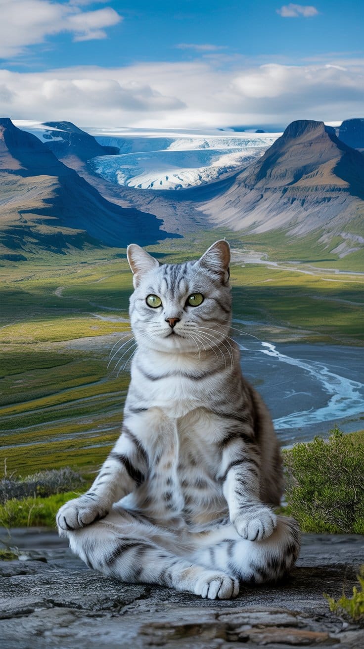 グリーンランドの静寂：氷原に佇む銀の猫