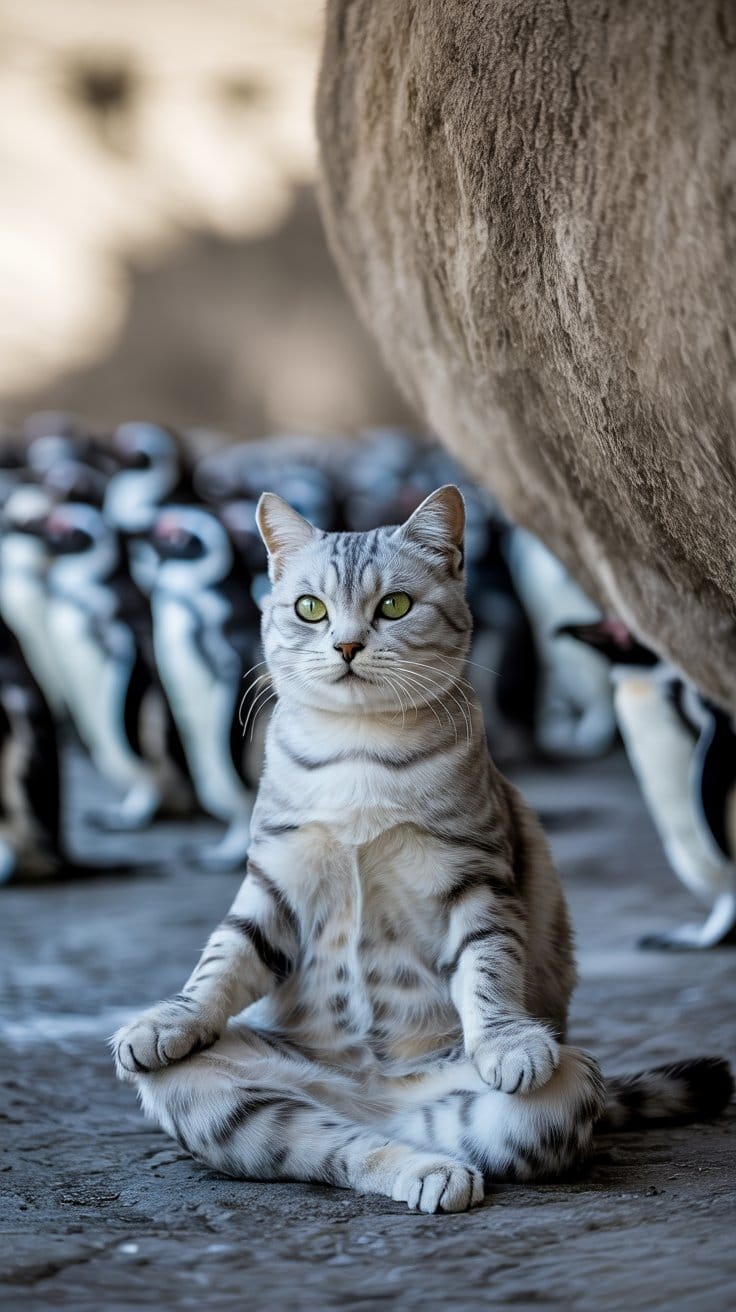 旅する座禅猫・世界ネコ歩き、プンタ・トンボのマゼランペンギン繁殖地に佇むシルバータビー猫