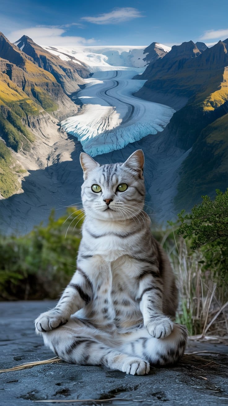 旅する座禅猫・世界ネコ歩き、フランツ・ジョセフ氷河とフォックス氷河を望むシルバータビー猫