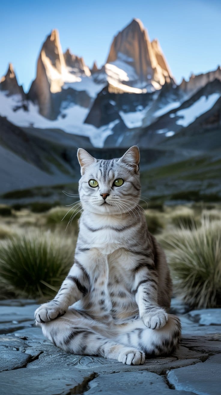 旅する座禅猫・世界ネコ歩き、“南米のシャモニ”に佇むシルバータビー猫