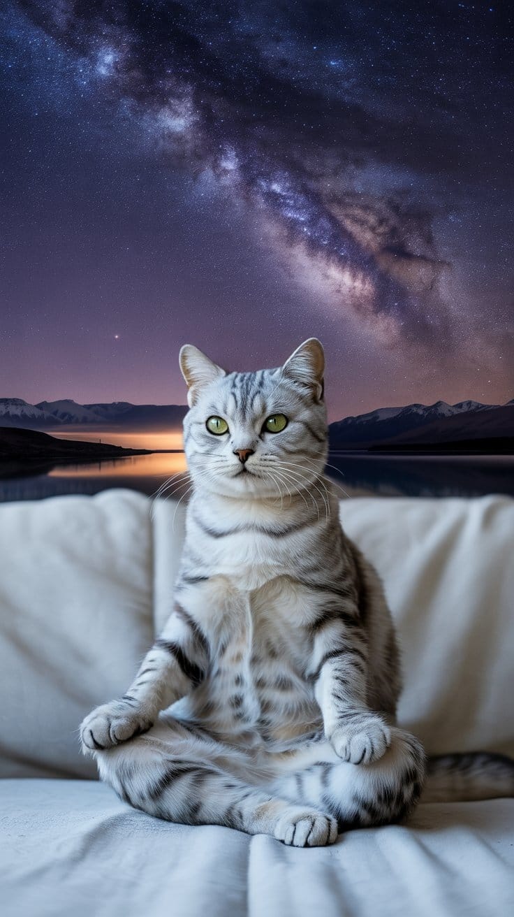 旅する座禅猫・世界ネコ歩き、レイク・テカポの星空を見つめるシルバータビー猫