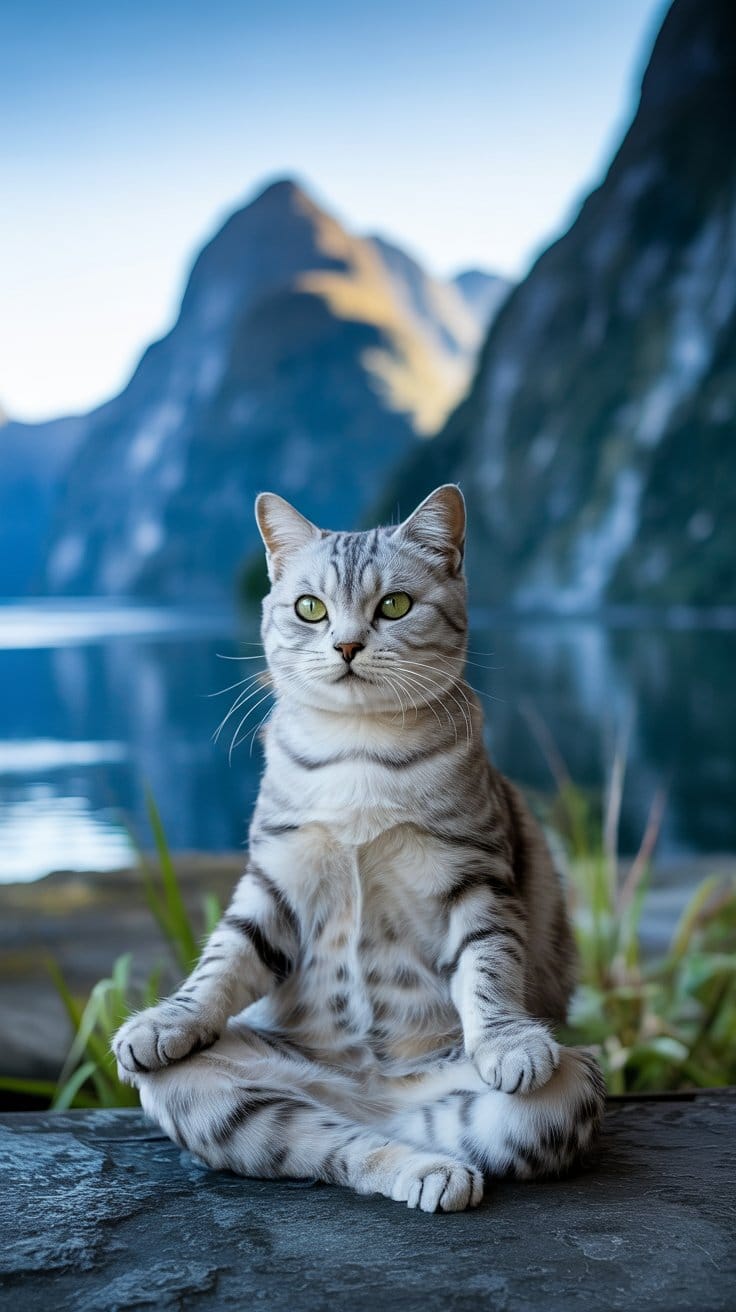 旅する座禅猫・世界ネコ歩き、ミルフォード・サウンドを望むシルバータビー猫