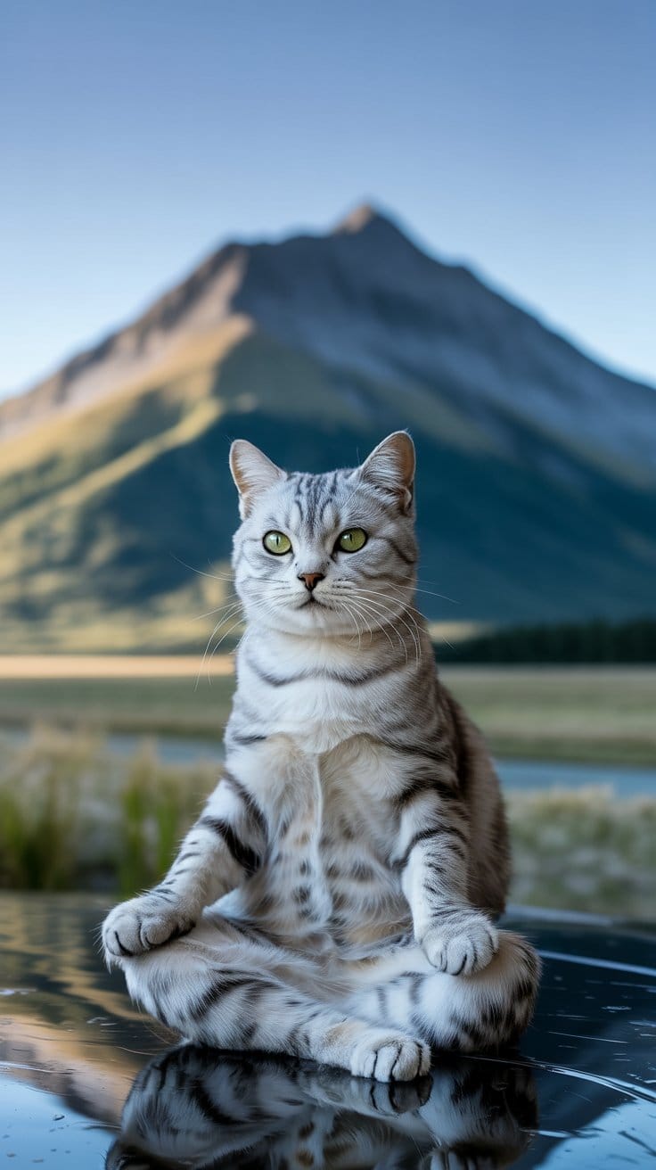 旅する座禅猫・世界ネコ歩き、マウント・アスパイアリング国立公園を望むシルバータビー猫