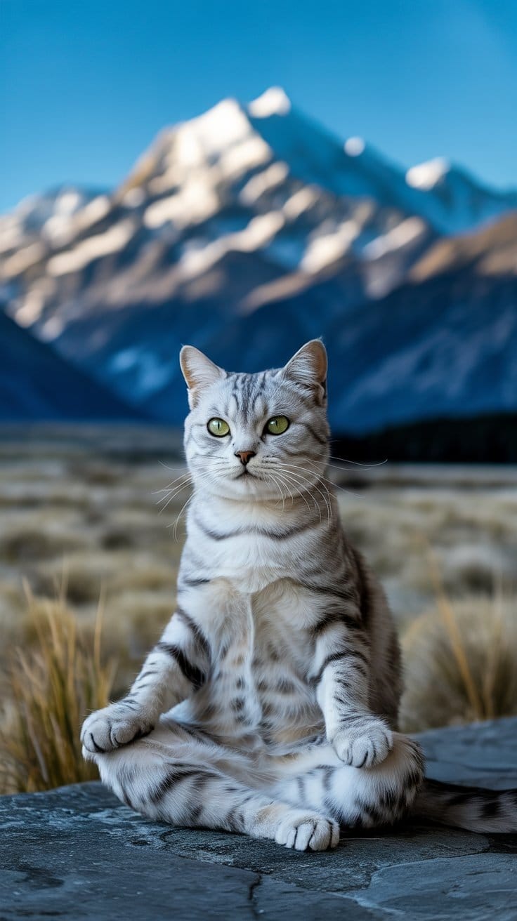 旅する座禅猫・世界ネコ歩き、マウント・クックを望むシルバータビー猫