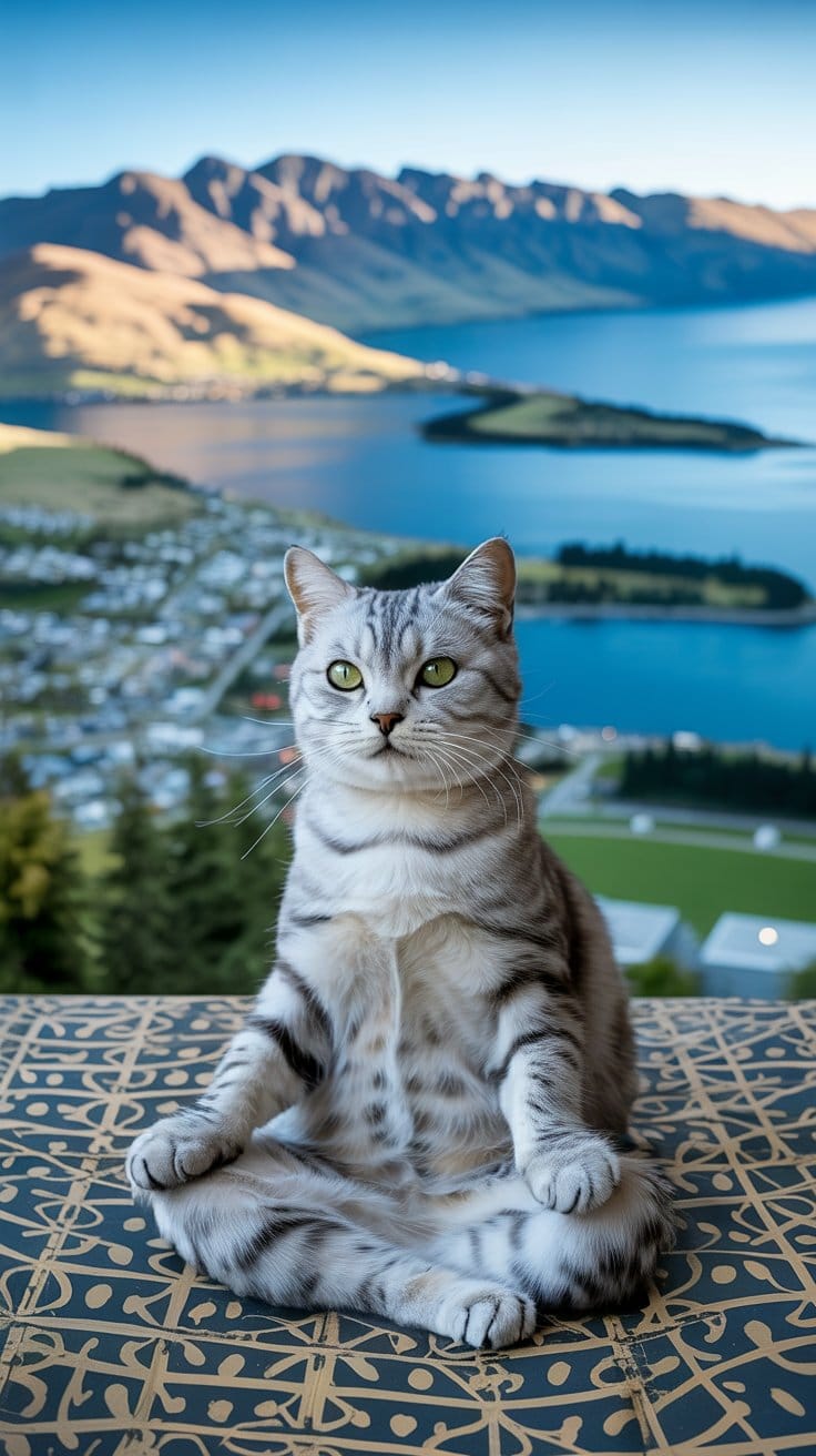 旅する座禅猫・世界ネコ歩き、クイーンズタウンを望むエレガントなシルバータビー猫
