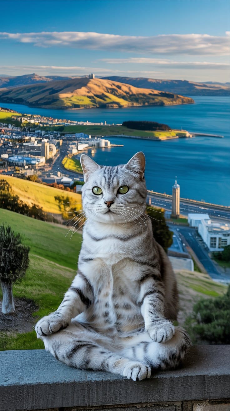 旅する座禅猫・世界ネコ歩き、ダニーデンとオタゴ半島を望むシルバータビー猫