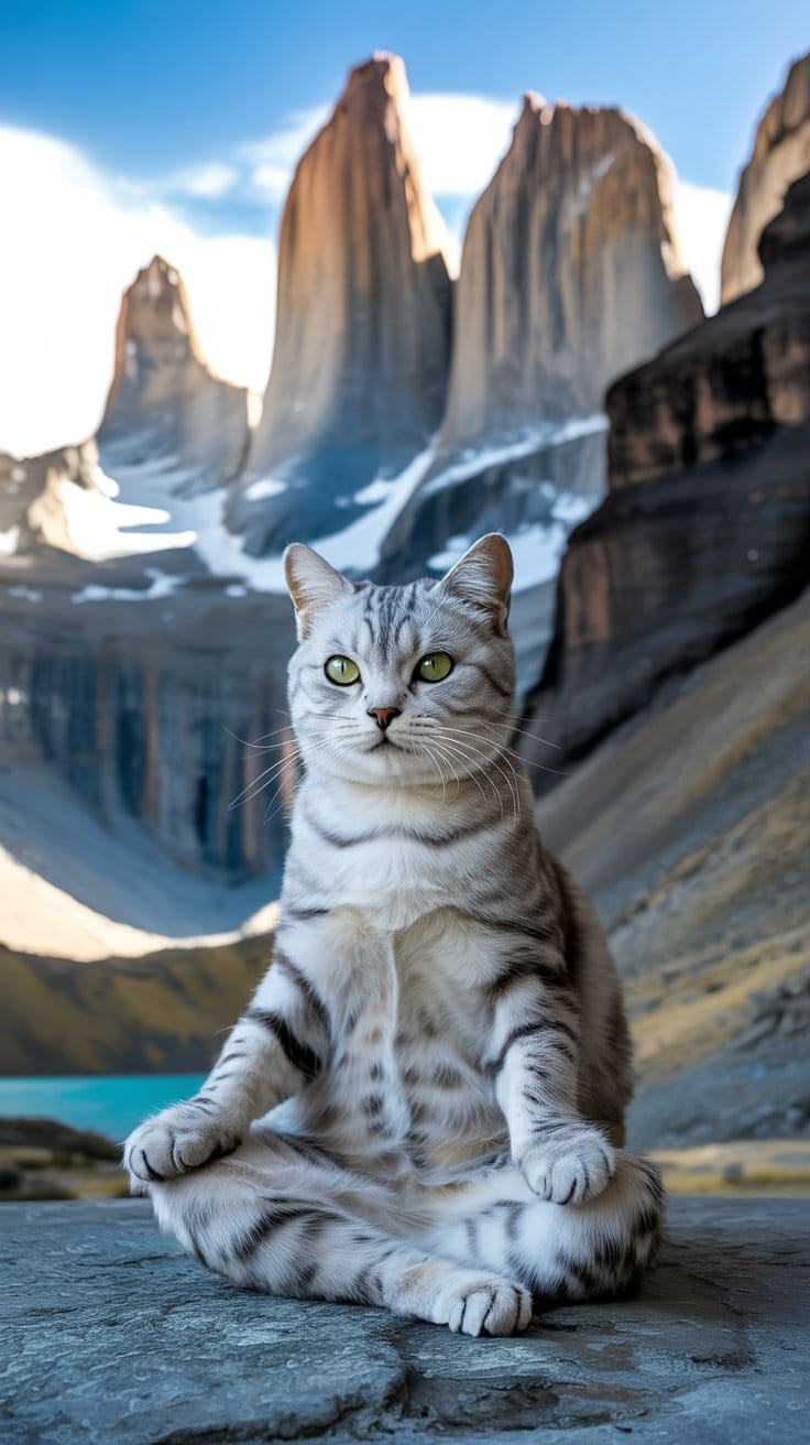 旅する座禅猫・世界ネコ歩き、トーレス・デル・パイネに佇むグレータビー