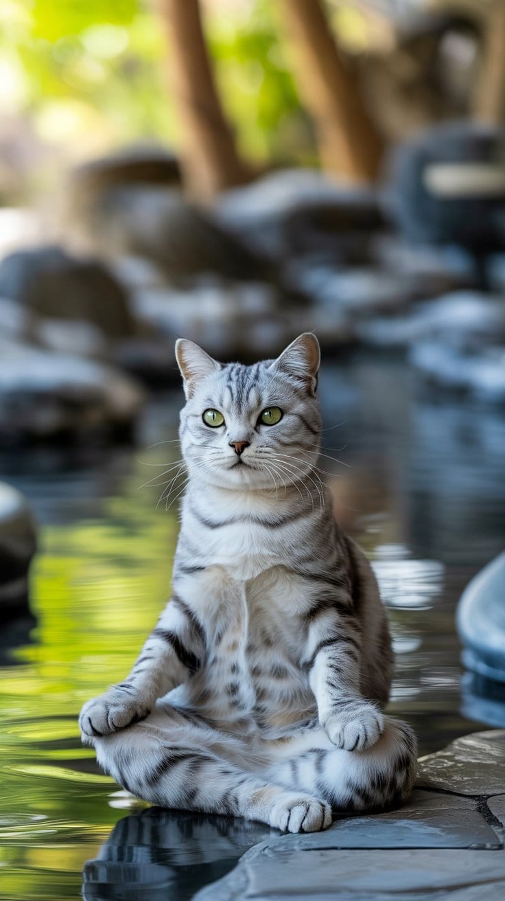 旅する座禅猫・世界ネコ歩き、瑞穂温泉の露天風呂に佇むシルバータビー猫