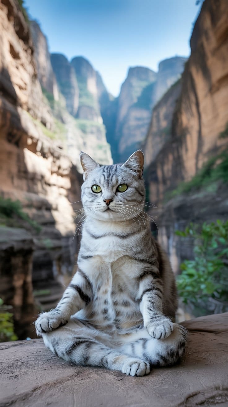 旅する座禅猫・世界ネコ歩き、太魯閣峡谷・砂卡礑トレイルに佇むグレータビー猫