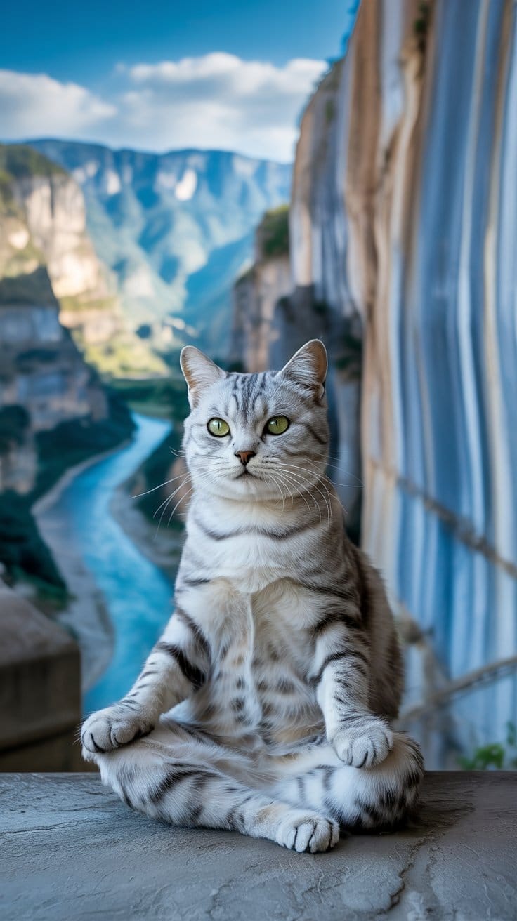 旅する座禅猫・世界ネコ歩き、太魯閣峡谷の大パノラマに佇むシルバータビー猫