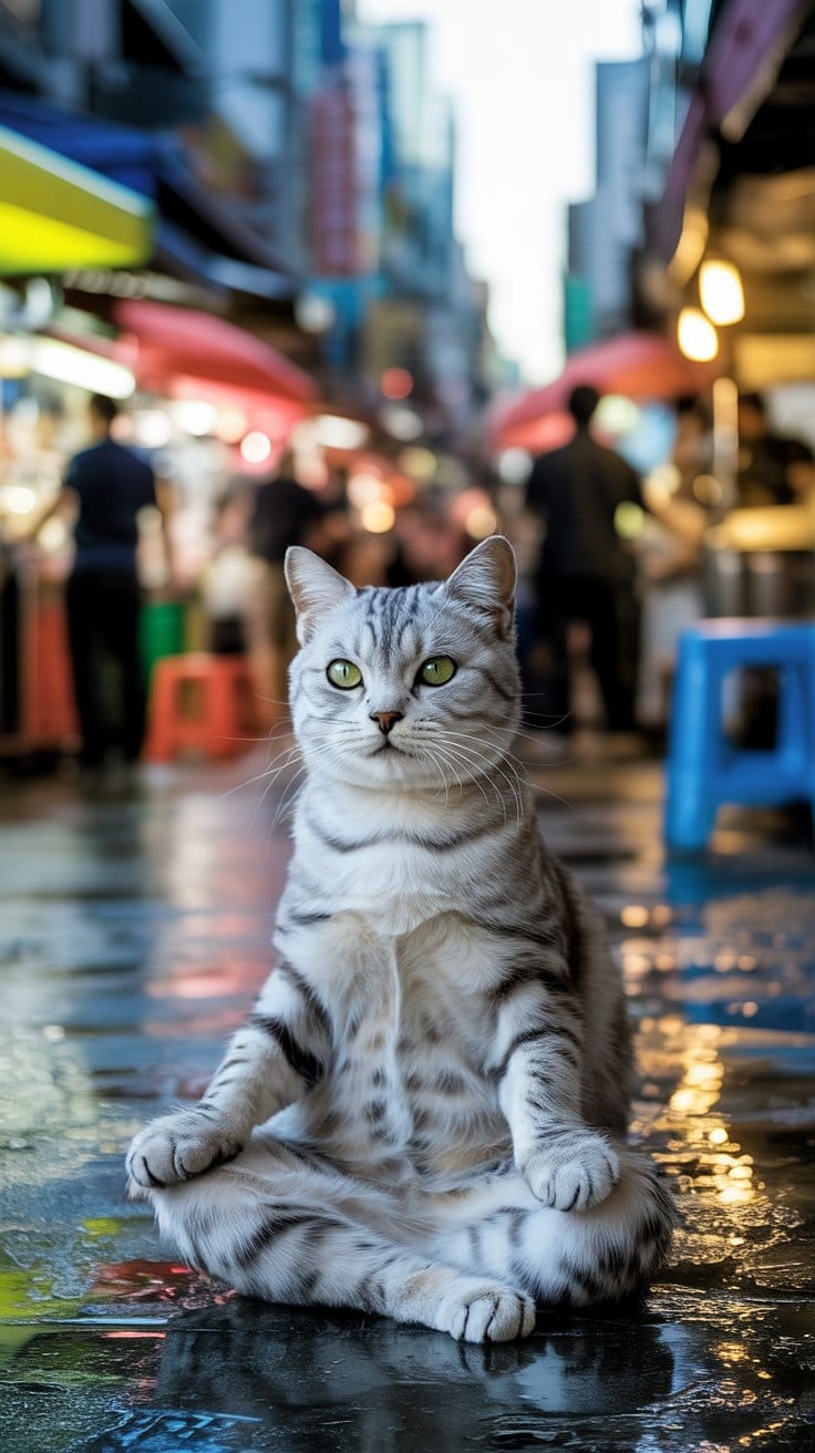 旅する座禅猫・世界ネコ歩き、東大門夜市の喧騒に佇むシルバータビー猫